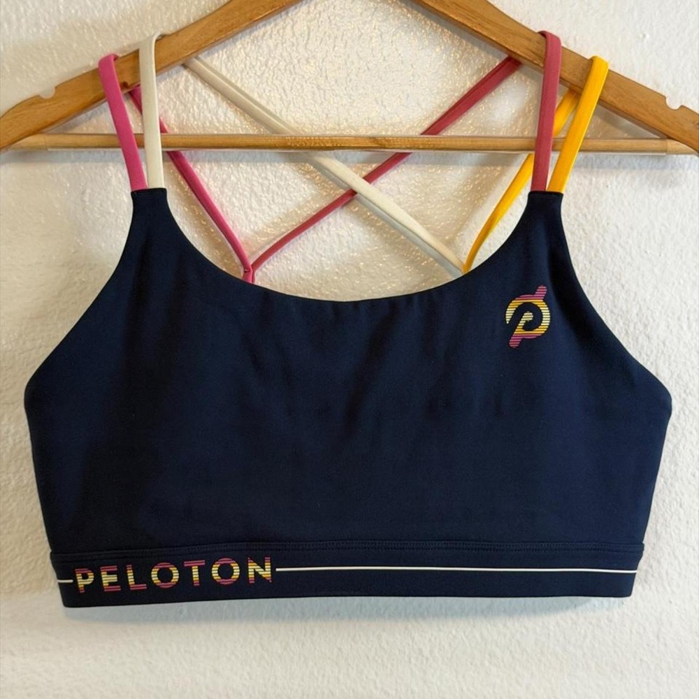 Peloton Cadent Strappy Sports Bra Navy Blue w/ multicolored straps Size L